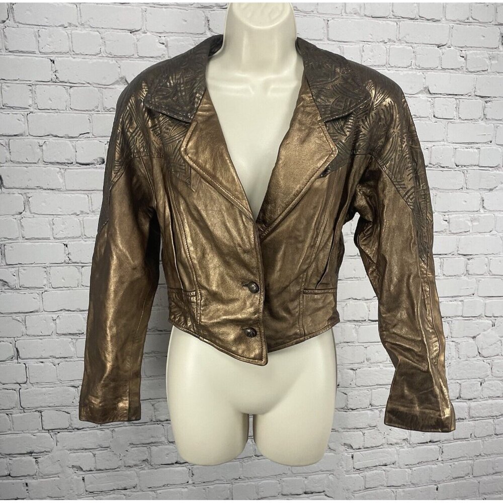 VTG EREZ Bronze Geometric Print Cropped Collared Jacket USA Made Size Medium M